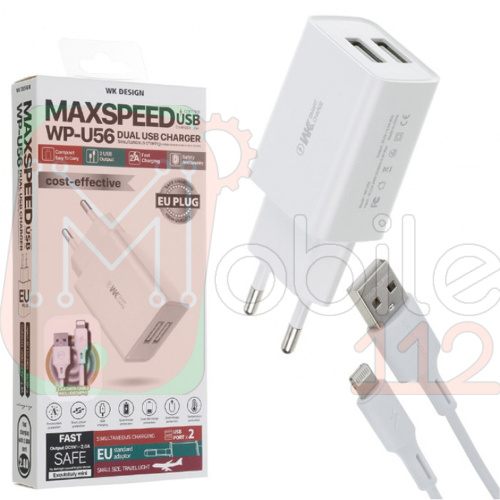 Зарядний пристрій WK WP-U56 Dual USB 2A Lightning  (біле)