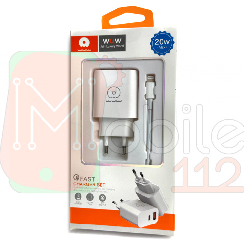 Зарядний пристрій WUW-T72 20W Type-C + USB QC18W з кабелем Type C Lightning (білий) фото 2