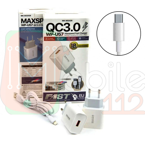 Зарядний пристрій WK WP-U57 18W + кабель USB Type-C (біле) фото 2