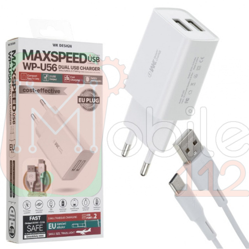 Зарядний пристрій WK Design WP-U56 2A + кабель USB Type-C (біле)